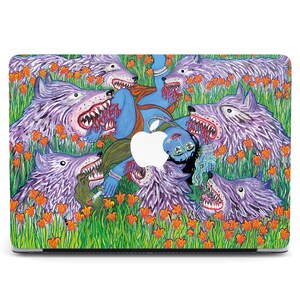 May include: A laptop skin with a colorful illustration of a person surrounded by wolves with open mouths. The person is lying on a bed of green grass and orange flowers. The Apple logo is visible on the laptop.