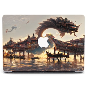 Japanese Magic Art Macbook Printed Case All Models Mac Air M4 M2 Fairytale Dragon Town Macbook Pro M4 15 16 Lake View Art Mac Pro 14 Plastic