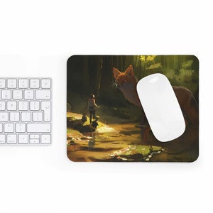 Fox in the Forest Anime Mousemat Inspirational Decor for Workplace Cute Foxes Design Mosepad Desk Applience Cartoon Animal Gift for Kids