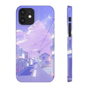 May include: A lavender phone case featuring an anime-style illustration of a street scene under a purple sky with clouds, a crescent moon, and stars. The case has a glossy finish and a camera cutout.
