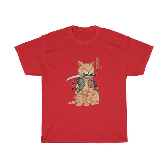 Unisex Heavy Cotton Funny Cat Tee Cat Samurai T-shirt Katana Cat
