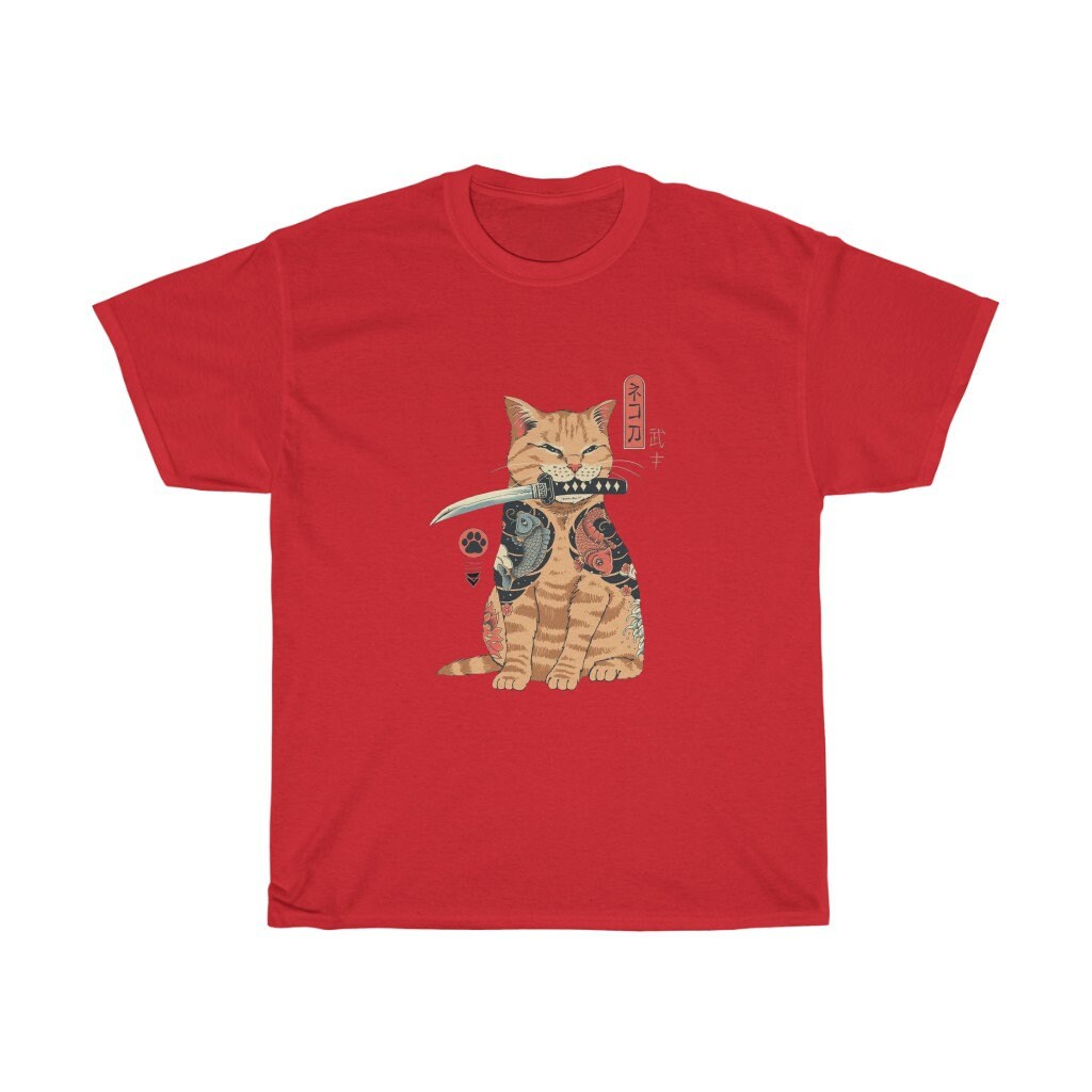 Unisex Heavy Cotton Funny Cat Tee Cat Samurai T-shirt Katana