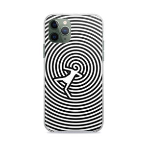 May include: A clear phone case with a black and white spiral pattern and a white silhouette of a person falling into the center of the spiral.