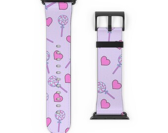 Cute Heart Shaped Lollipops Apple Watch Band Print Valentine's Day Design iWatch 38 42 mm Strap Girlfriend Gift Idea Hearts Pattern