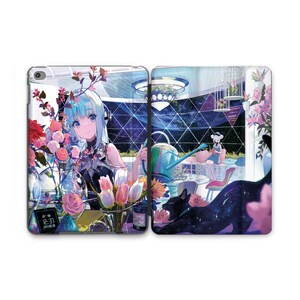 May include: An iPad case featuring a vibrant anime-style illustration. The design showcases a girl with blue hair surrounded by flowers, a watering can, and a black cat. The background has a starry night theme.