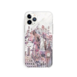 May include: A clear phone case with a watercolor design of famous landmarks from around the world. The landmarks are in shades of pink, purple, and gray, and are set against a white marble background.