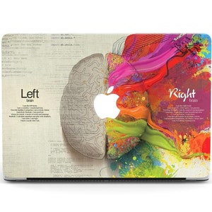 May include: A laptop skin with a colorful abstract design of a brain. The left side of the brain is a detailed anatomical illustration, while the right side is a colorful abstract design. The text "Left brain" and "Right brain" is included on the skin.