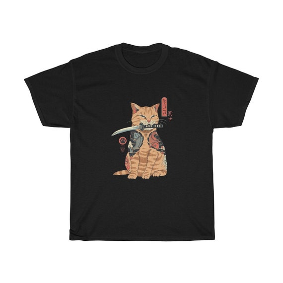 Unisex Heavy Cotton Funny Cat Tee Cat Samurai T-shirt Katana Cat