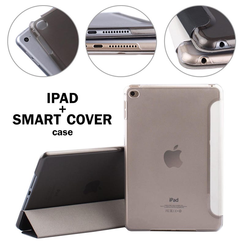 Pu&ograve; includere: Una custodia intelligente per iPad di colore grigio con un pannello posteriore bianco. La custodia &egrave; chiusa e l'iPad &egrave; visibile attraverso il pannello anteriore trasparente. La custodia ha un ritaglio per il logo Apple e il testo "iPad" &egrave; stampato sul pannello posteriore.