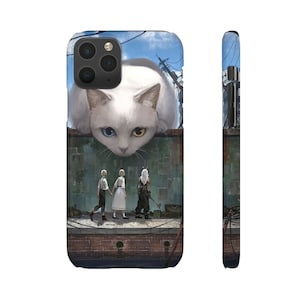 May include: A white cat with one blue eye and one yellow eye is peeking over a brick wall. Three people are walking away from the cat, one with a backpack and a stick. The cat is very large and appears to be a giant.