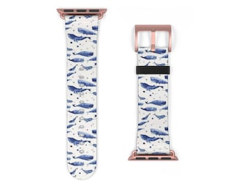 Flying Whales Print Apple Watch Band 42mm Pretty Design PU Leather iWatch Strap Narval Nautical Life Print Apple Watch Replacement Watchband