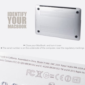 May include: Close-up of the underside of a silver MacBook laptop. The label includes the model number A1466, EMC 2559, FCC ID: QDS-BRCM1052, and IC: 4324A-BRCM1052. The text "Rated 14.85V --- 3.05A m" and "Apple in California Assembled in China" are also visible.