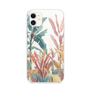 May include: A clear phone case with a tropical floral design. The design features pink, green, and orange flowers and leaves.