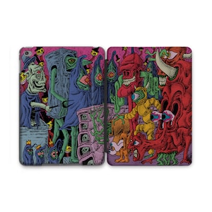 May include: A colorful and surreal illustration of a group of creatures with large eyes and strange features. The creatures are arranged in a chaotic and whimsical manner, with some appearing to be wearing hats or other accessories. The background is a vibrant pink and purple.