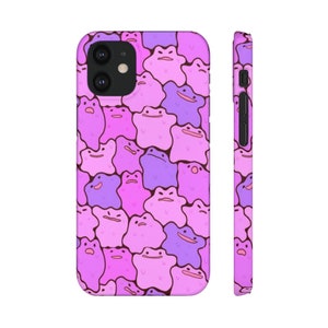 May include: A pink and purple phone case with a repeating pattern of cartoon purple and pink blob-like creatures. The case is designed for an iPhone.