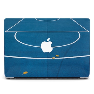May include: A blue laptop skin with a white basketball court design and a white Apple logo in the center.