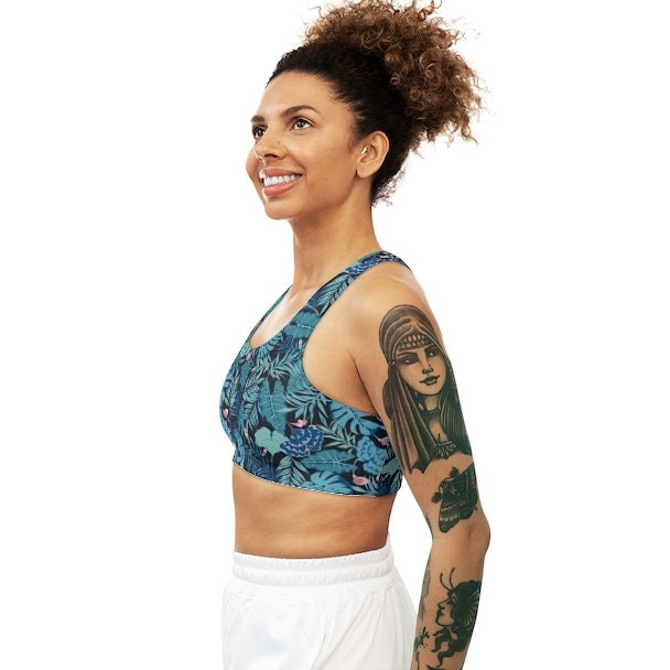 Blue Tropical Leaves Seamless Sports Bra Full Print Fern Leaves Floral Art  Bras Everyday Use Cool Gift Idea Fitness Dancing Casual Use 