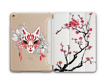 Kitsune Mask Ipad Pro 10.9 Case Red Sakura Illustration iPad Air 4 3 Case iPad Mini 5 4 Case With Smart Cover Japanese Art iPad Pro 12.9 in