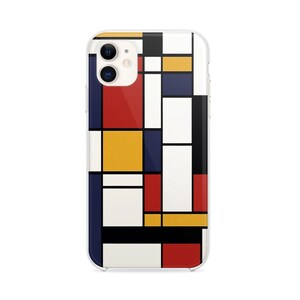 May include: A clear phone case with a geometric design featuring red, yellow, blue, and black squares on a white background.