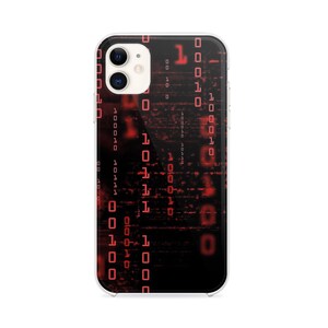 May include: A clear phone case with a black background and a red binary code pattern. The case has a cutout for the camera lens.