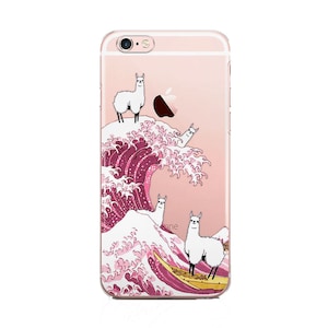 May include: A pink and white phone case with a graphic of llamas riding a wave. The wave is pink and white with a glitter effect. The llamas are white with black eyes and noses.