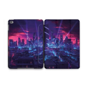 May include: A purple and blue cityscape with neon lights and a pink and orange sunset in the background. The cityscape is reflected in the water below. This image is printed on a phone case.