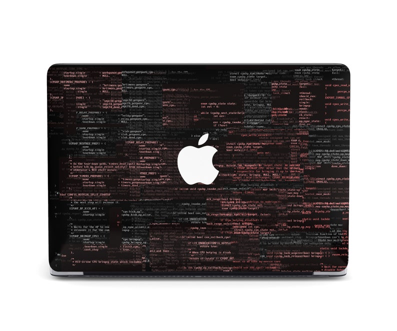 May include: A black laptop with a white Apple logo on the lid. The laptop is covered in a design of pink and black code.