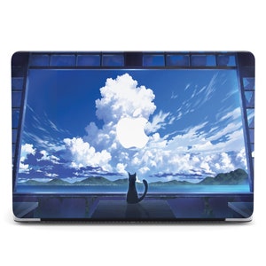 May include: A laptop computer with a blue sky and clouds as the background image. A silhouette of a cat is sitting on a ledge in front of the window. The Apple logo is visible on the screen.