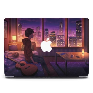 May include: A laptop skin with a colorful illustration of a person sitting on a bed in a room with a window view of a city skyline at night. The person is holding a guitar and there is a cat on the bed. The laptop skin has an Apple logo in the center.