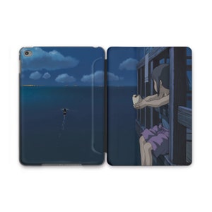 May include: A phone case featuring a scene from the animated film Spirited Away. The image shows a young girl sitting on a balcony overlooking a dark blue ocean with a small boat in the distance. The sky is dark blue with white clouds. The girl is holding a white object in her hand.