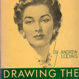 Peut inclure: Couverture de livre avec un dessin en noir et blanc d'un visage de femme. Le titre est "Drawing the Head & Hands" par Andrew Loomis.