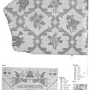 Puede incluir: Un patr&oacute;n de punto de cruz en blanco y negro con un dise&ntilde;o floral. El patr&oacute;n incluye una clave de colores con varios colores, incluyendo azul, turquesa, amarillo, verde, gris, rosa y rojo. El patr&oacute;n se titula "Weihnachts Post", que se traduce como "Correo de Navidad".