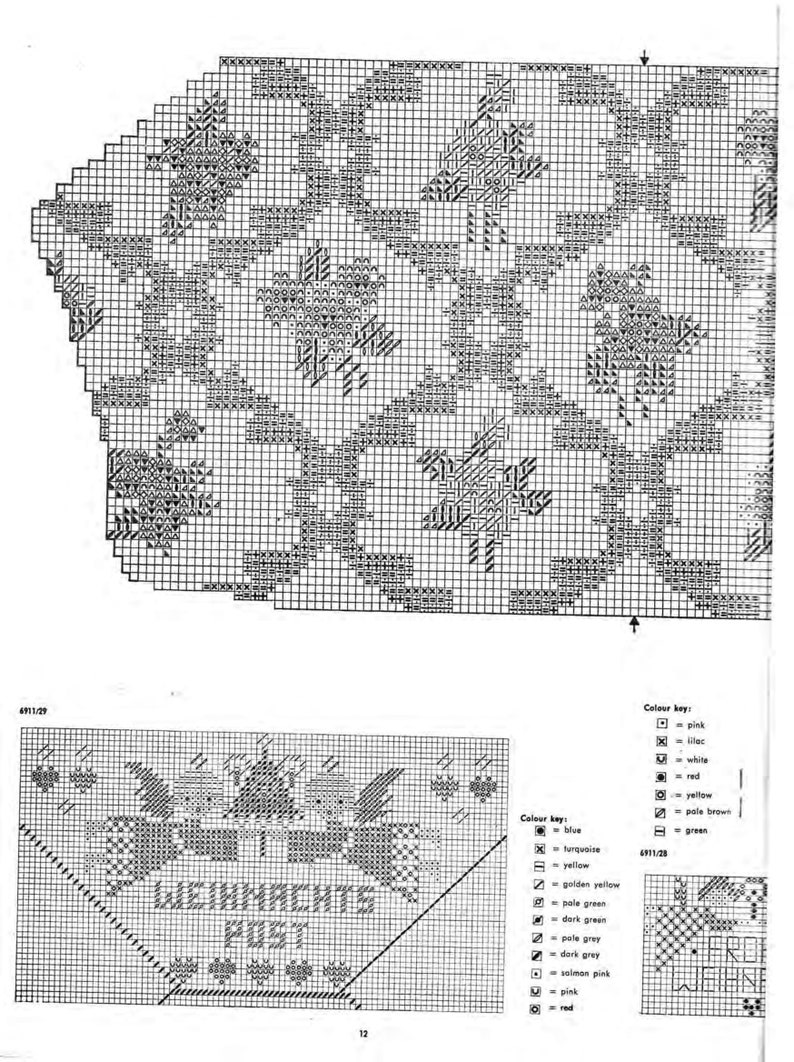 Puede incluir: Un patr&oacute;n de punto de cruz en blanco y negro con un dise&ntilde;o floral. El patr&oacute;n incluye una clave de colores con varios colores, incluyendo azul, turquesa, amarillo, verde, gris, rosa y rojo. El patr&oacute;n se titula "Weihnachts Post", que se traduce como "Correo de Navidad".