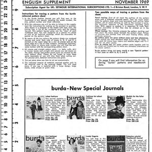 Puede incluir: Una p&aacute;gina de revista en blanco y negro con un anuncio de Burda Moden para una colecci&oacute;n de patrones de costura. La portada de la revista presenta a una mujer con un sombrero y un vestido. El anuncio incluye una lista de diferentes patrones de costura, incluyendo moda infantil, moda para ni&ntilde;os en edad escolar, moda de punto, lencer&iacute;a y manualidades. El texto en la p&aacute;gina dice "Burda - Nuevas revistas especiales".