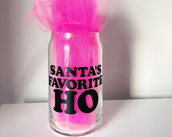 Santa’s Favorite Ho 16 oz Beer Glass Can/Iced Coffee Cup/Personalized Glass/Metallic/Iced Tea Glass/Boho Gift/Stocking Stuffer/Xmas/Holiday