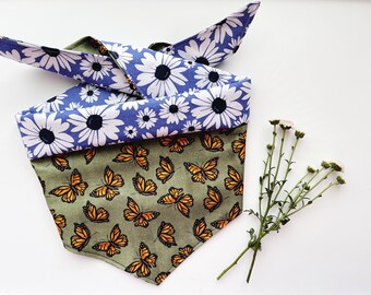 Flutter and Bloom Reversible Dog Bandana/Bandana/Dog Accessories/Reversible Bandana/Butterflies/Daisies/Spring