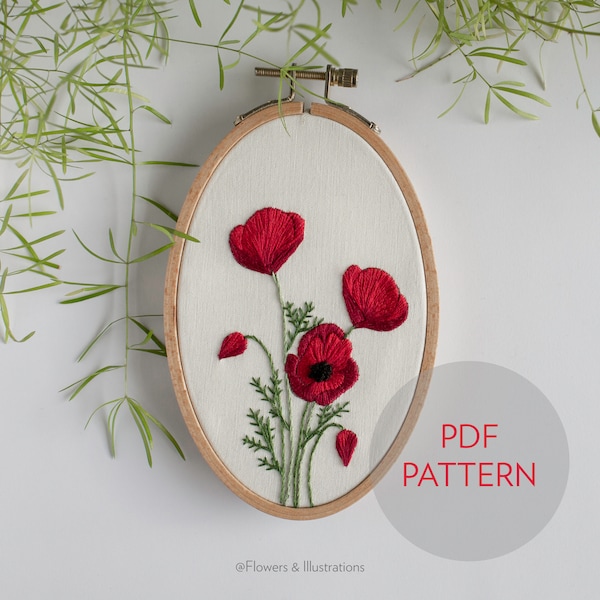 Red poppies embroidery pattern | flowers embroidery pdf pattern
