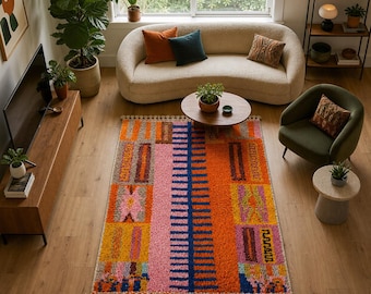 Alfombra abstracta colorida - Alfombra marroquí de lana multicolor - Alfombra de estilo bohemio para sala de estar