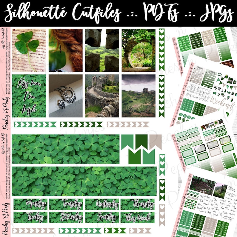 Kiss Me Includes Offset Bleed I/'m Irish Erin Condren Vertical Weekly Photo Kit Printable Planner Stickers with Silhouette Cut files