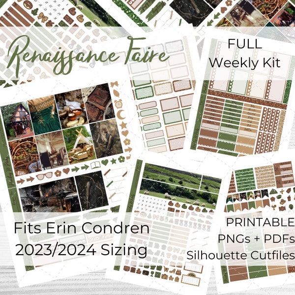 Renaissance Faire 2023-2024 Erin Condren Vertical Weekly Photo Kit Printable Planner Stickers with Silhouette Cut files