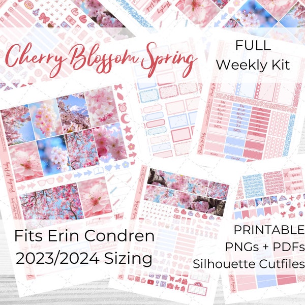 Cherry Blossom Spring 2023-2024 Erin Condren Vertical Weekly Photo Kit Printable Planner Stickers with Silhouette Cut files