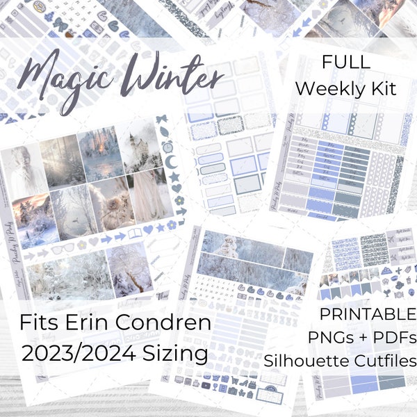 Magic Winter 2023-2024 Erin Condren Vertical Weekly Photo Kit Printable Planner Stickers with Silhouette Cut files