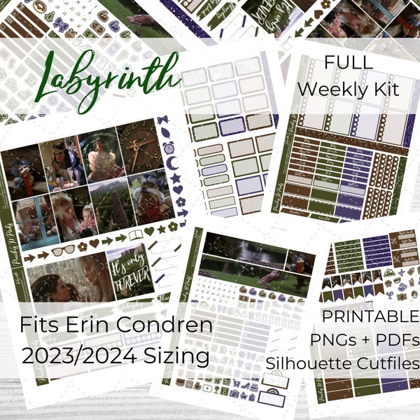 Labyrinth 2023-2024 Erin Condren Vertical Weekly Photo Kit Printable Planner Stickers with Silhouette Cut files