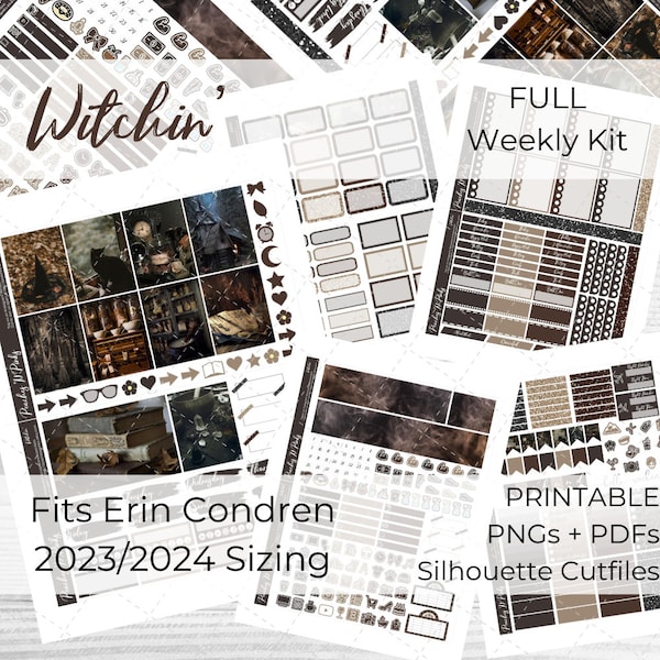 Witchin' 2023-2024 Erin Condren Vertical Weekly Photo Kit Printable Planner Stickers with Silhouette Cut files