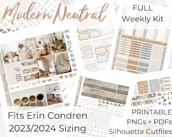 Modern Neutral 2023-2024 Erin Condren Vertical Weekly Photo Kit Printable Planner Stickers with Silhouette Cut files