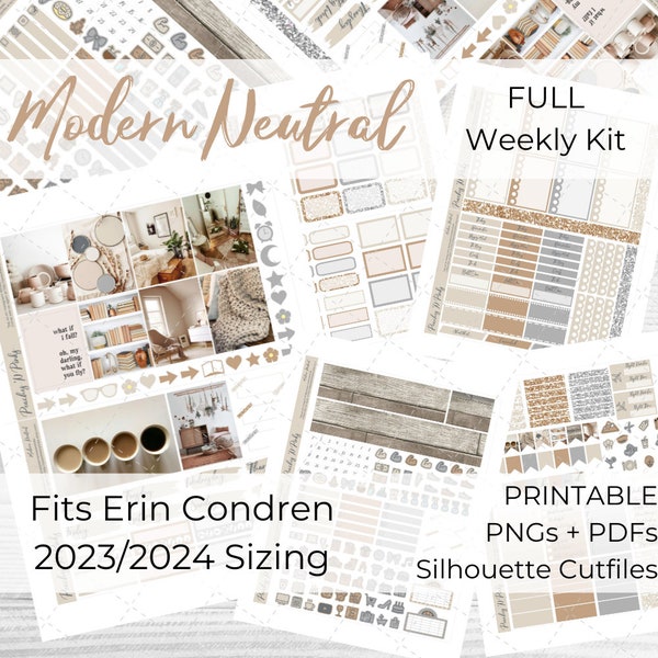 Modern Neutral 2023-2024 Erin Condren Vertical Weekly Photo Kit Pegatinas de planificador imprimibles con archivos Silhouette Cut