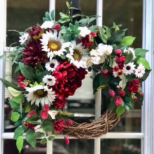 Sunflower and Peony Wreath for Front Door; Rustic Floral Wreath for All Seasons; Summer and Fall Home and Porch Decor