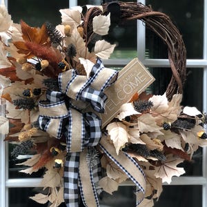 Natural Fall Wreath with Welcome Sign; Rustic Autumn Crecent Wreath with Buffalo Check Bow; Neutral Leaves Berry Wreath Front Door Decor