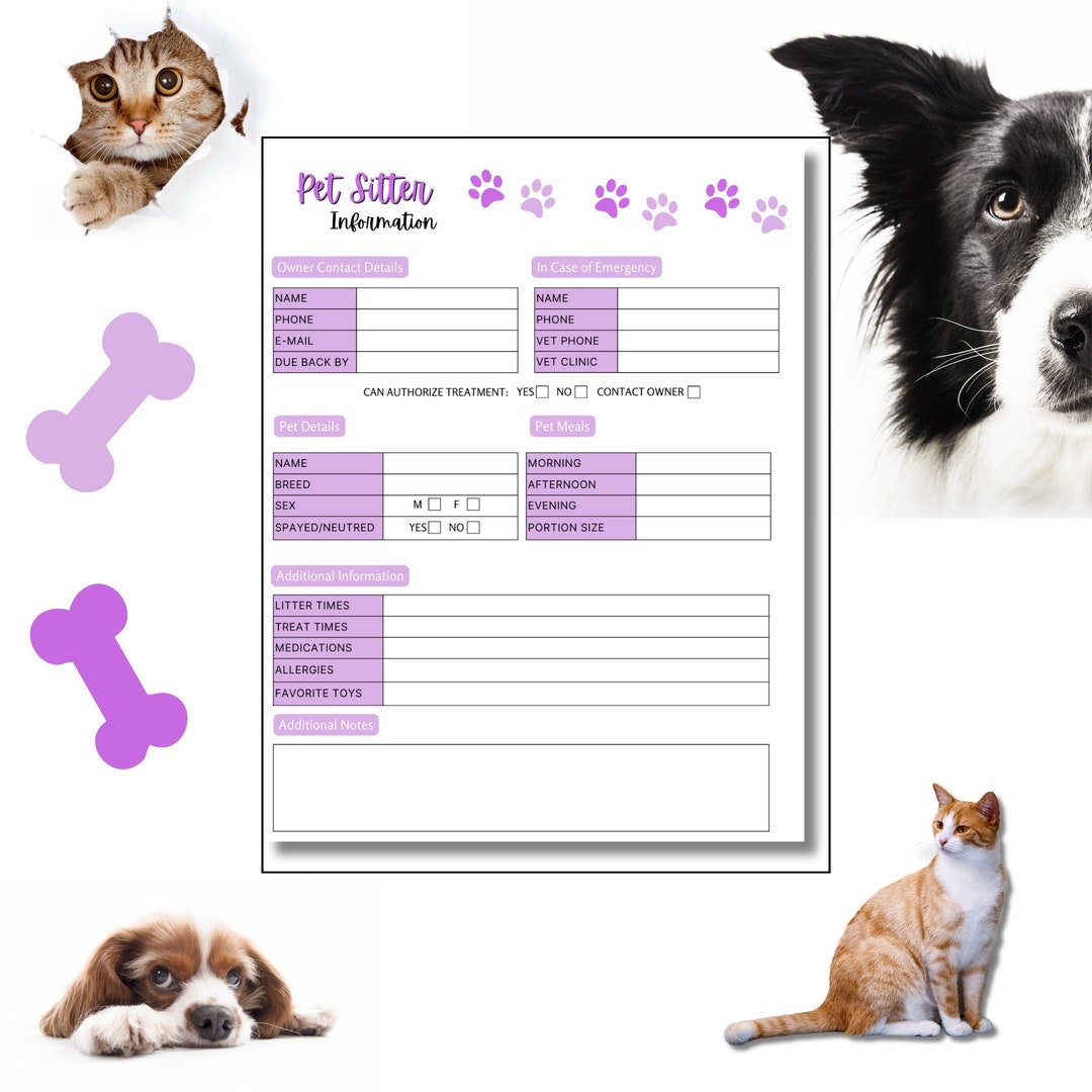 Dog &amp; Cat Sitter Instructions Printable Pet Sitter Template Petcare Info Sheet Purple - Etsy