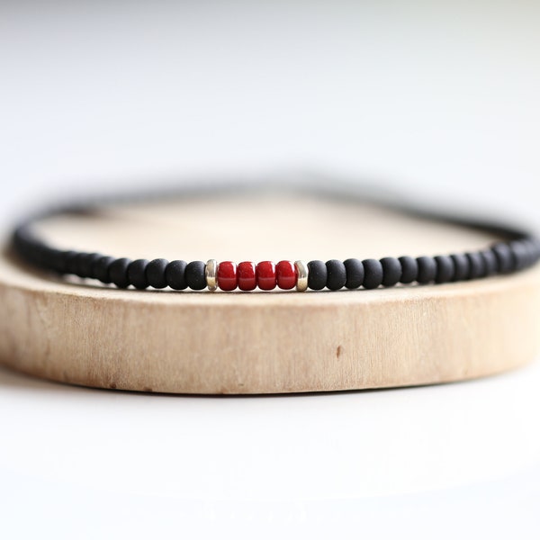 Men's Adjustable Minimalist Beaded Bracelet on Silk Cord with Coral and Black Beads - Gift for him, Birthday gift, Gift for men